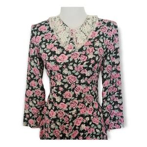 Vintage 80s 90s Lace Collar Button CottageCore VTG A- Line Dress Size S Small